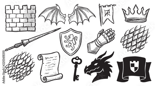 Fantasy knight and dragon equipment collection featuring armor and weapons for role playing game assets.