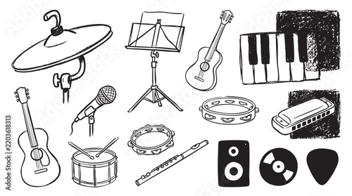 Musical instruments and audio equipment set including guitars and microphones for music production design.