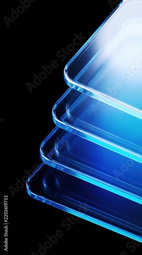 Abstract stack of blue glass sheets with light reflections on a dark background.