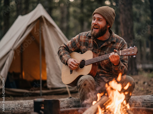 Man playing guitar by the campfire outside a tent in the forest  