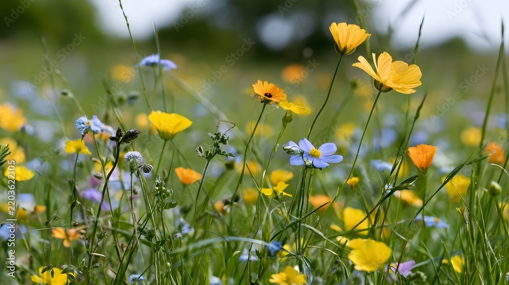 Fototapeta premium A vibrant meadow bursting with yellow and blue wildflowers swaying gently in natural daylight