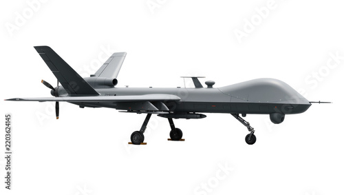 Gray military drone with propeller and landing gear, isolated on transparent background