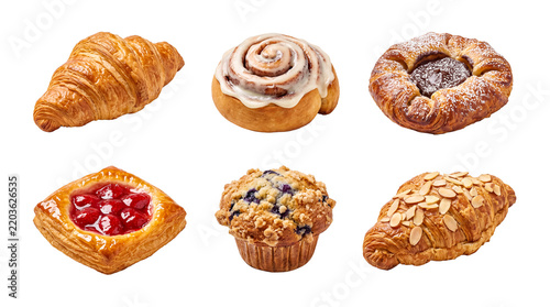 Fresh baked goods pastries and breakfast items isolated