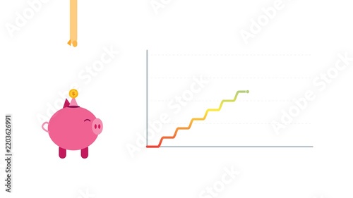 A hand drops multiple coins one by one into a piggy bank. Beside it, a chart's trend line rises dynamically with each dropped coin, changing color to blue as it reaches higher.