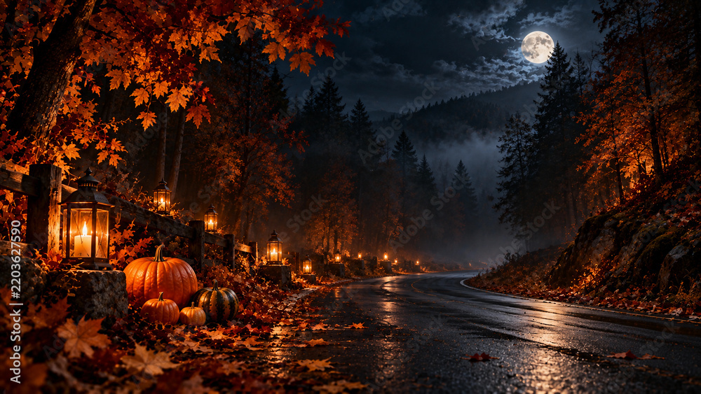 Obraz premium Atmospheric autumn forest road illuminated by glowing lanterns and pumpkins beneath a dramatic full moon, creating a mysterious Halloween landscape with cinematic depth