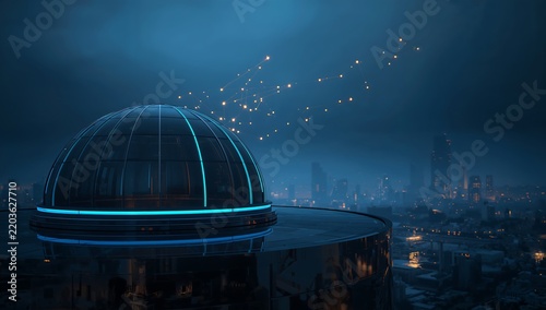 Generative AI futuristic observatory dome with flying lights over cityscape