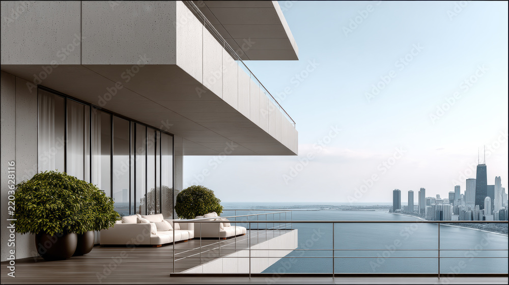 Fototapeta premium Side view of luxury apartment balcony with modern sofa, glass railing, city skyline, and lake view, peaceful atmosphere
