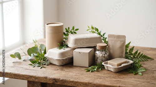 Eco friendly bathroom products and natural soap displayed with green foliage on wood