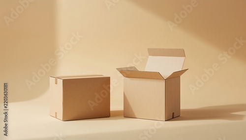 Generative AI two cardboard boxes on a light-colored surface in soft natural light