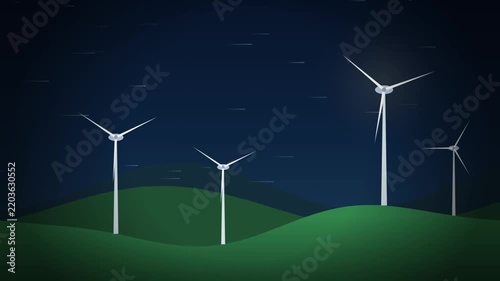 Three wind turbines on green hills under a night sky with star trails, motion video