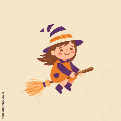 Young witch character flying on a wooden broomstick.