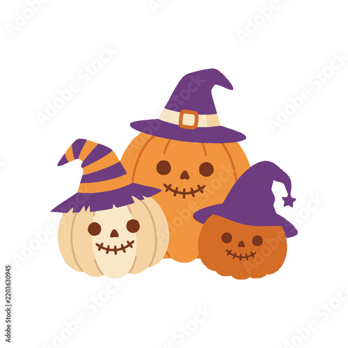Three cute jack-o-lantern pumpkins wearing colorful witch hats.