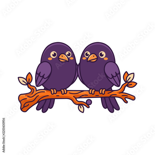 Two cute purple birds perched on a wooden branch.