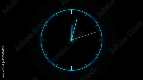 Glowing blue neon analog clock face showing time motion on a dark black background