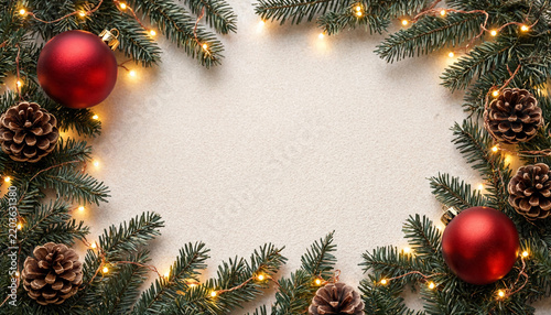 Christmas frame with fir branches, red ornaments, pine cones and fairy lights