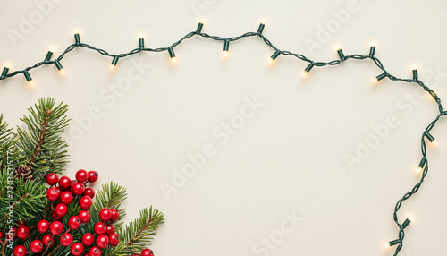 Christmas festive border with pine branches, red berries and string lights