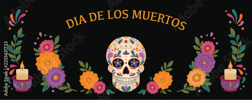Traditional Mexican sugar skull, flowers and Dia De Los Muertos text – a greeting card for the Mexican Day of the Dead. Vector illustration isolated on a black background