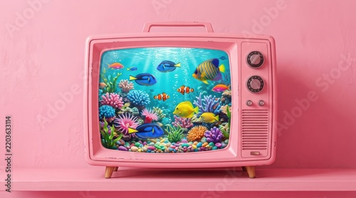 Vintage pink television set displaying a colorful tropical coral reef with exotic fish isolated on a solid pink background