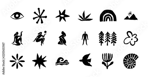 Hand Drawn Mystical Symbol Vector Collection with Human Figures, Nature Icons, Stars, Eye, Rainbow, Mountains and Botanical Elements for Branding, Apparel, Posters, Packaging and Tattoo Design
