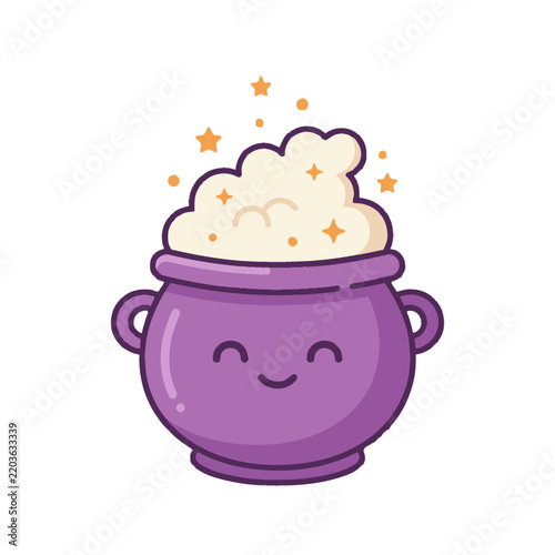 Smiling purple witch cauldron with stars and bubbling potion.