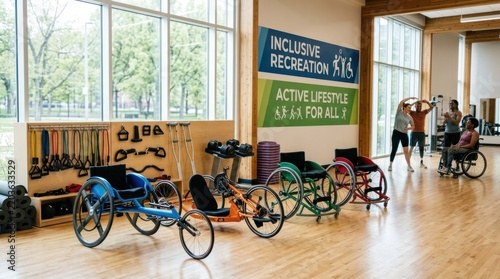 A spacious indoor gym with various adaptive sports equipment, including wheelchairs and exercise bikes, set up for inclusive recreation. 