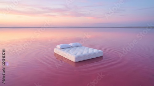Comfortable white mattress with pillows floating on a calm pink lake during a beautiful sunset sky