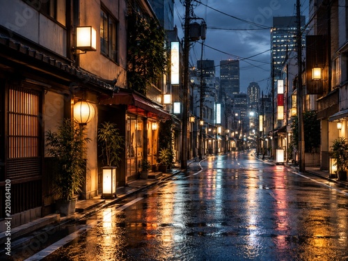 Rainy Japanese city street at night with glowing reflections