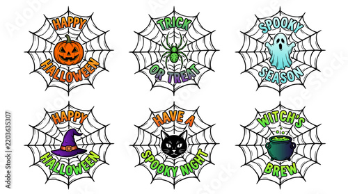 Vintage Halloween vector set featuring spider web badges with pumpkin, ghost, black cat, spider, witch hat, and cauldron. Includes spooky typography.