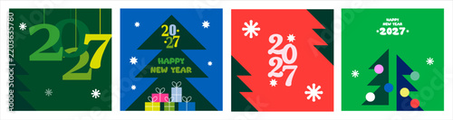2027 Happy New Year Christmas Tree Banner Set – Retro Holiday Greeting Card Designs