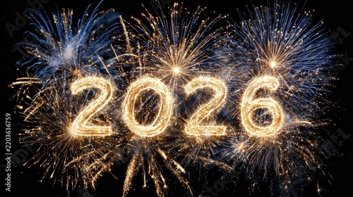 Vibrant 2026 fireworks celebration with sparkling numbers illuminating the night sky