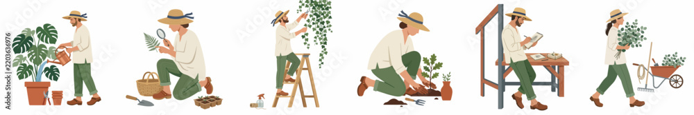 Fototapeta premium Flat illustration set of a female gardener performing various gardening tasks like watering, planting, and pruning plants, isolated on white background.