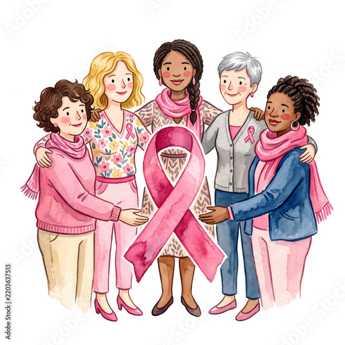 Diverse women supporting breast cancer awareness with pink ribbon in watercolor style