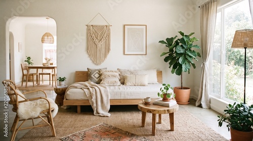 Cozy Boho Chic Living Room With Wodden Sofa Macrame Wall Hanging And Indoor Plant