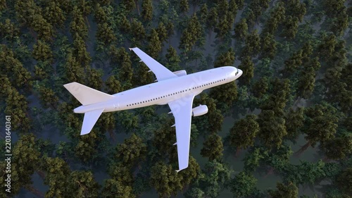 White passenger airplane flying above foggy green forest. Aerial view of aircraft over mountain landscape for travel concept. 3D render. Aerial travel transportation environment journey tourism.