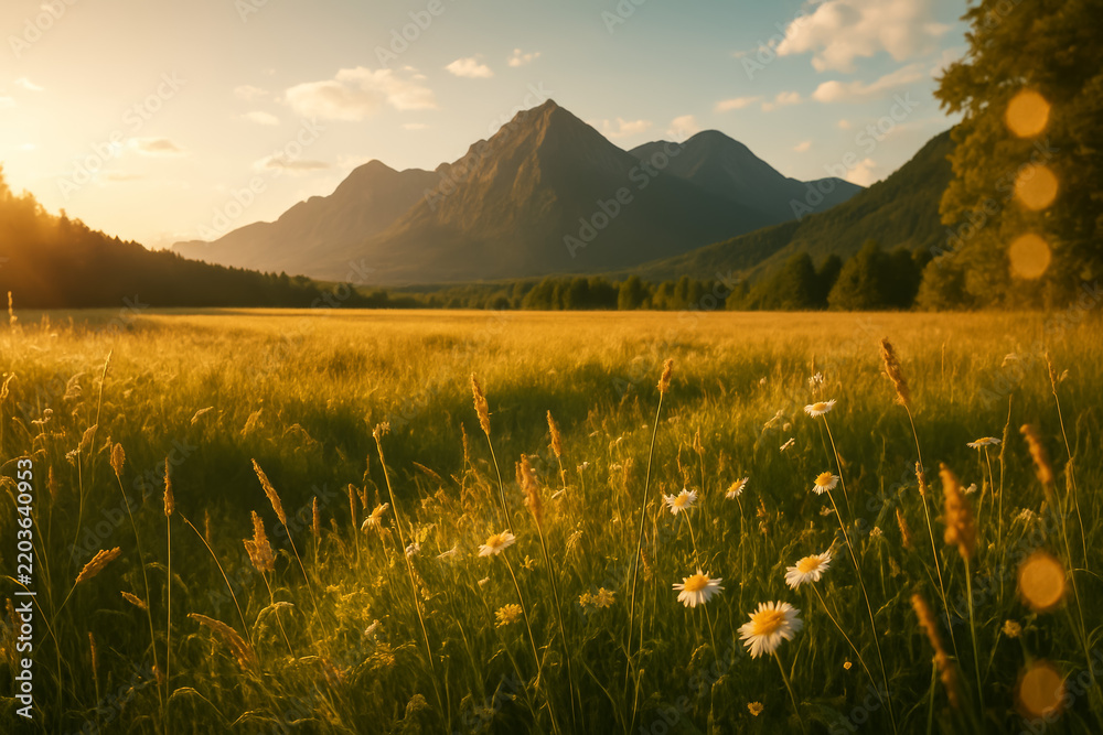 Obraz premium Golden meadow with white daisies beneath distant mountain peaks