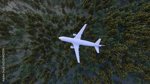 Aerial view of a passenger airplane flying over a dense forest during sunrise. 3D render. Aerial travel transportation environment journey tourism.