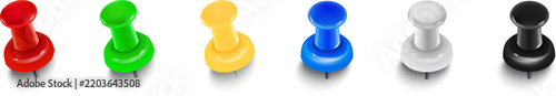 Horizontal row of six translucent plastic pushpins in vibrant assorted colors casting realistic soft shadows on white background.