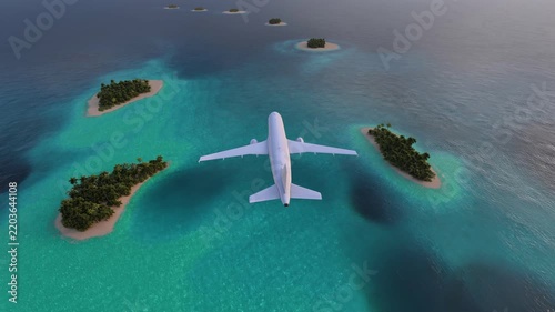 Plane flies over the exotic islands. Stunning aerial view of an airplane flying over a pristine tropical islands with white sand beaches and lush green palm trees. 3D render. 