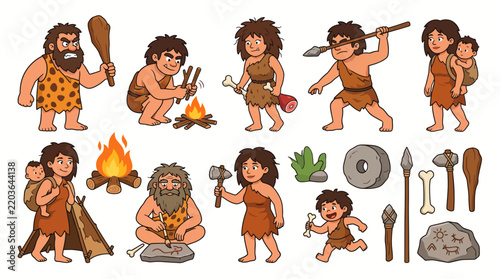 Set of cartoon prehistoric cavemen and cavewomen illustrations with tools fire and cave art