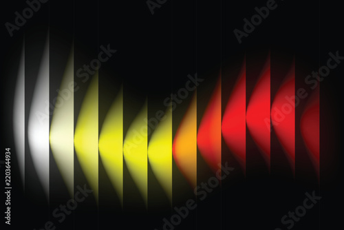 Dynamic wave light spectrum glass panel gradient texture photo, modern glowing vertical glass panels transitioning from white to yellow and red on dark black backdrop, and premium creative.