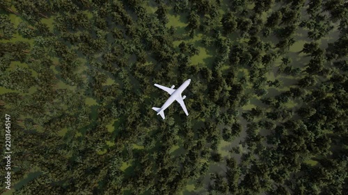 Airplane flying over green forest canopy as an aircraft for travel and aviation. White plane descending over lush pine forest. 3D render. Aerial travel transportation environment journey tourism.