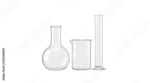 Empty clear glass laboratory flask beaker cylinder on white