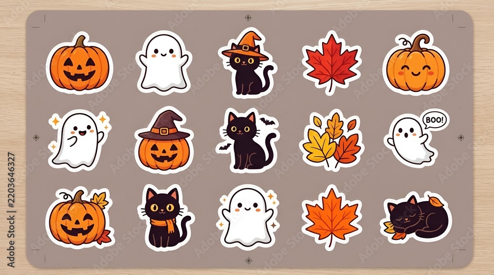 Fototapeta premium Cute Halloween and Autumn Sticker Collection with Pumpkins, Ghosts, Black Cats and Fall Leaves