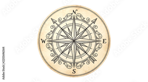 Vintage compass rose on aged paper indicating cardinal directions