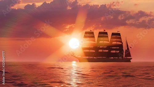 View of a caravel, an old boat, at sunset. Majestic wooden sailing ship galleon on open sea at golden hour sunset.
Medieval ship sailing at beautiful sunset. Mystery Gorgeous rich sailboat. 