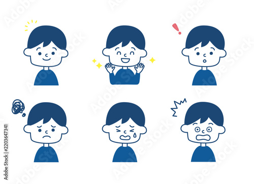 子供・男の子の表情6種セット・笑顔や驚き、泣き顔を描いたシンプルな人物イラスト