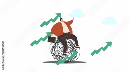 Businessman Balancing on Tangled Ball Amidst Upward Growth Arrows