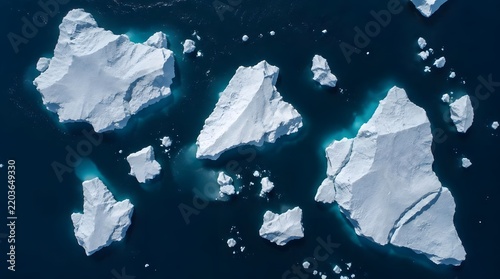 Aerial top down view of white icebergs in dark blue arctic ocean
