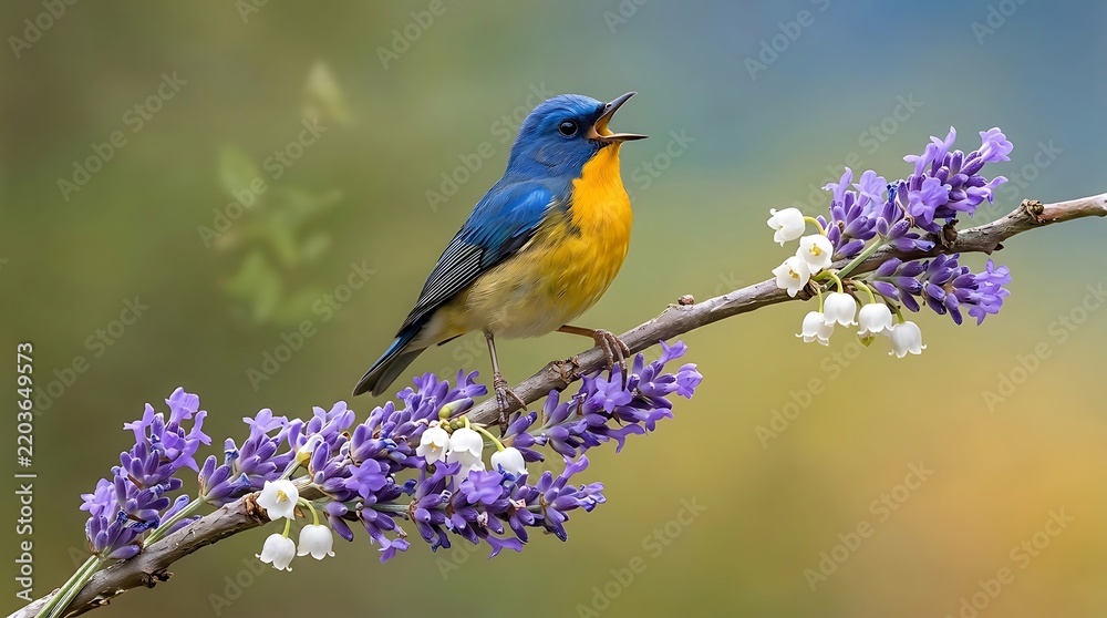 Fototapeta premium Colorful blue and orange bird perched on blooming purple flowers