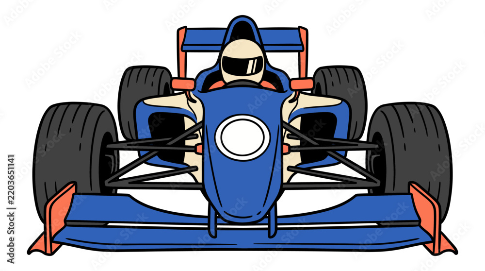 Fototapeta premium Front view of a blue Formula 1 race car with a driver in a white helmet, an illustration of a high-speed racing vehicle.
